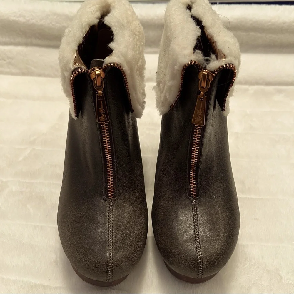 NEW Matt Bernson Brown Leather Zip Wedge Heel Bootie w/ Faux Sherpa Trim